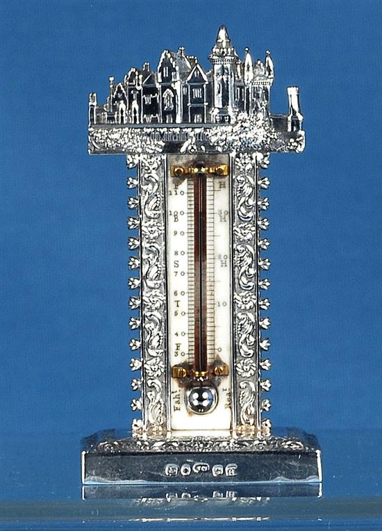 A rare William IV novelty silver castle top thermometer, by Joseph Wilmore, Height 94mm Gross weight 1oz/33grms